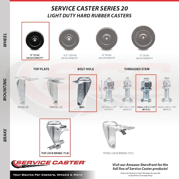 Service Caster 3 Inch SS Hard Rubber Wheel Swivel 12mm Threaded Stem Caster with Brake SCC SCC-SSTS20S314-HRS-TLB-M1215 - main